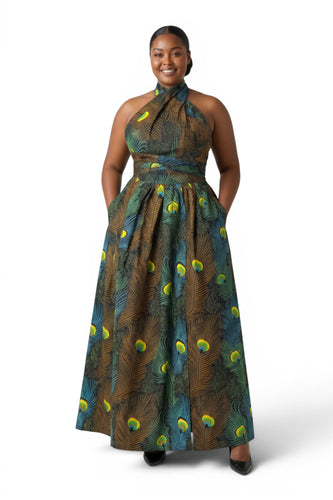 Robe longue africaine Infinity Multiway - Fente réglable - Sarcelle Marron Peacock Majesty