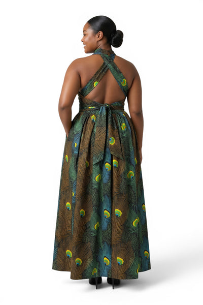 Robe longue africaine Infinity Multiway - Fente réglable - Sarcelle Marron Peacock Majesty