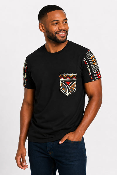 T-shirt avec détails imprimés africains - Rouge Bogolan Symbols Pocket