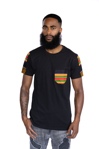T-shirt avec détails imprimés africains - Pan Africa Kente Noir et poche poitrine