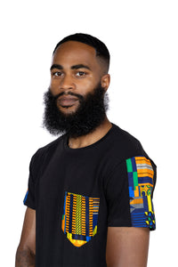 T-shirt avec détails imprimés africains - Bleu / orange Kente et poche poitrine