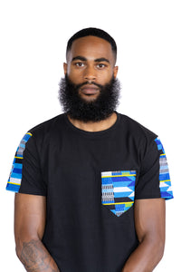 T-shirt avec détails imprimés africains - Bleu Kente et poche poitrine