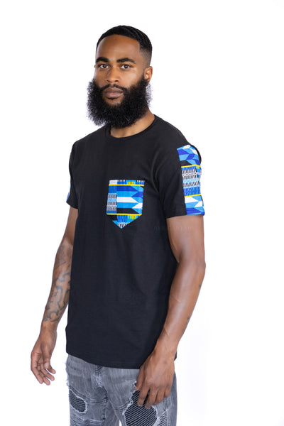 T-shirt avec détails imprimés africains - Bleu Kente et poche poitrine