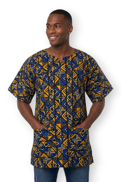 Blue Bogolan Geometry Dashiki Shirt / Dashiki Dress - African print top - Unisex