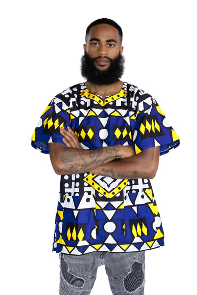 Chemise dashiki / Robe dashiki - Bleu Jaune Samakaka - Top imprimé africain - Unisexe