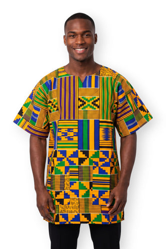 Chemise dashiki / Robe dashiki - Jaune Bleu Kente Blocks - Top imprimé africain - Unisexe