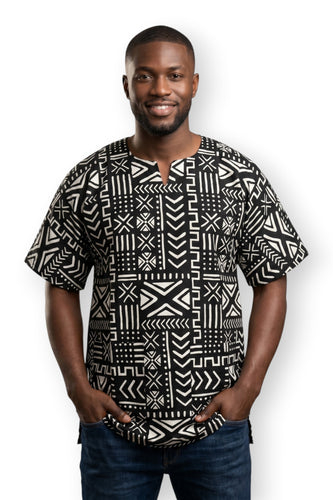 Chemise dashiki / Robe dashiki - Noir Blanc Bogolan Symbols - Top imprimé africain - Unisexe