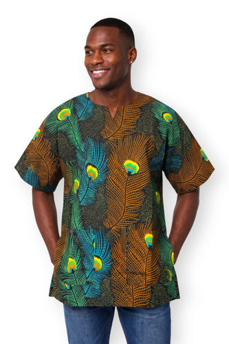 Chemise dashiki / Robe dashiki - Marron Sarcelle Peacock Feather - Top imprimé africain - Unisexe