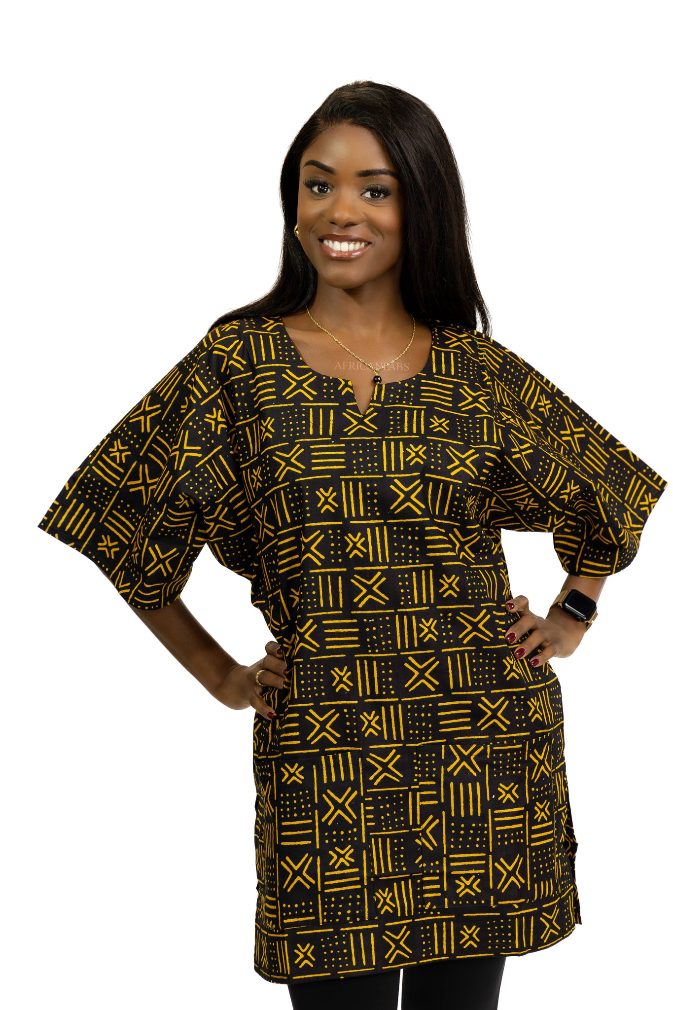 Chemise dashiki / Robe dashiki - Noir / Jaune X Bogolan - Top imprimé africain - Unisexe