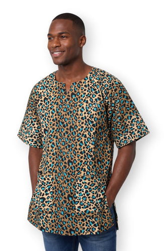 Chemise dashiki / Robe dashiki - Beige Turquoise Leopard Spots - Top imprimé africain - Unisexe
