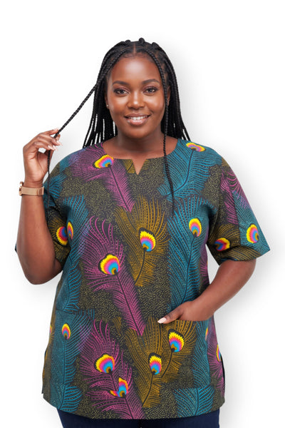 Pink Blue Peacock Feather Dashiki Shirt / Dashiki Dress - African print top - Unisex