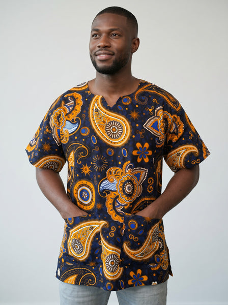 Chemise dashiki / Robe dashiki - Bleu marine Jaune Paisley - Top imprimé africain - Unisexe