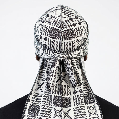 Durag / Bandana - Unisexe - Blanc et Noir Bogolan