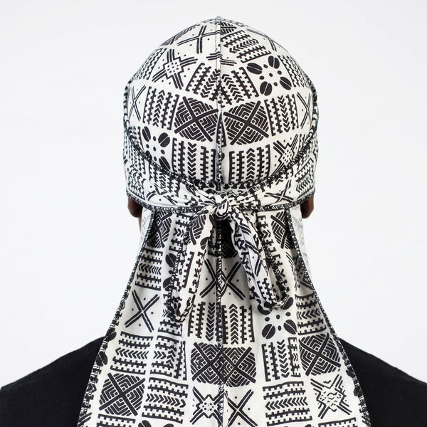 Durag / Bandana - Unisexe - Blanc et Noir Bogolan