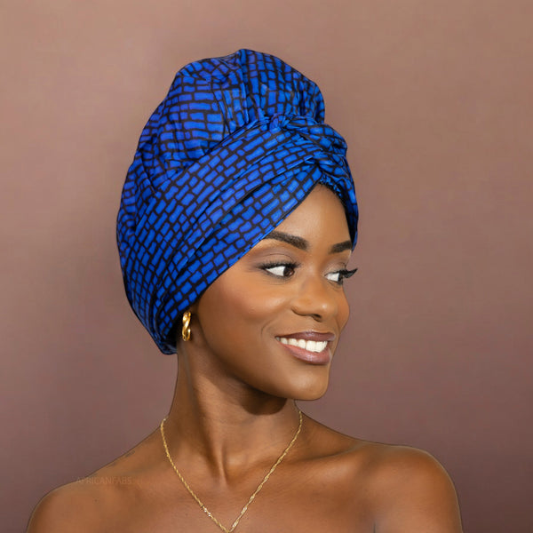 Turban facile - Bonnet en satin - Bleu blocks