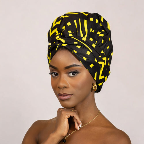 Turban facile - Bonnet en satin - Noir / jaune