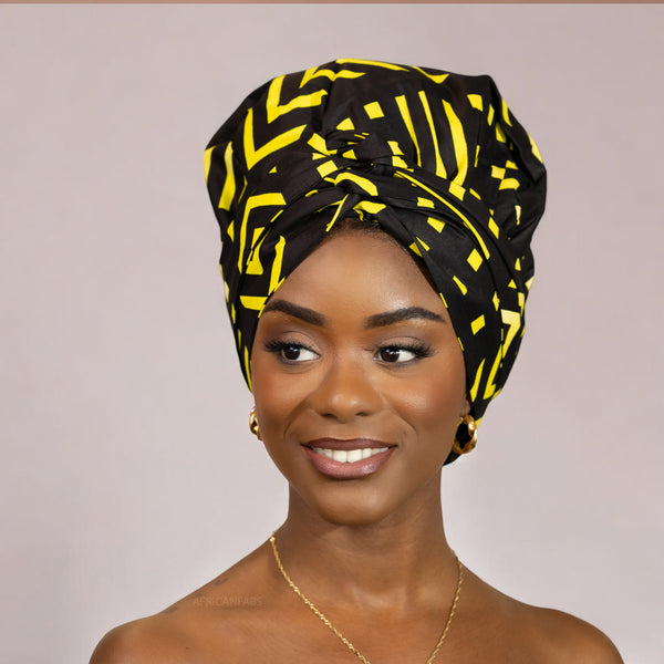 Turban facile - Bonnet en satin - Noir / jaune