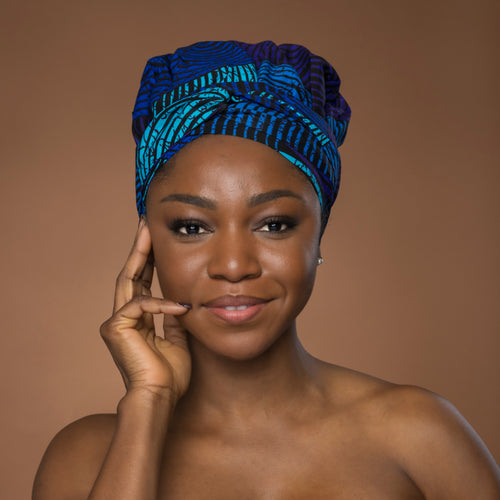 Turban facile - Bonnet en satin - Bleu & Turquoise Concentric