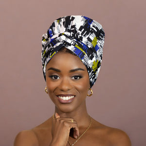 Turban facile - Bonnet en satin - Bleu / blanc