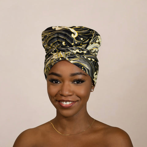 Turban facile - Bonnet en satin - Noir / couleur crème