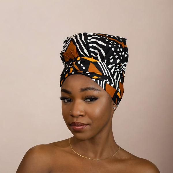 Turban facile - Bonnet en satin -  Noir / orange