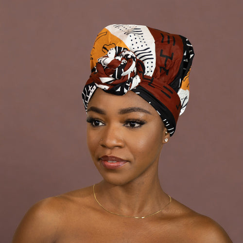 Turban facile - Bonnet en satin - Marron foncé / Jaune Bogolan Symbols