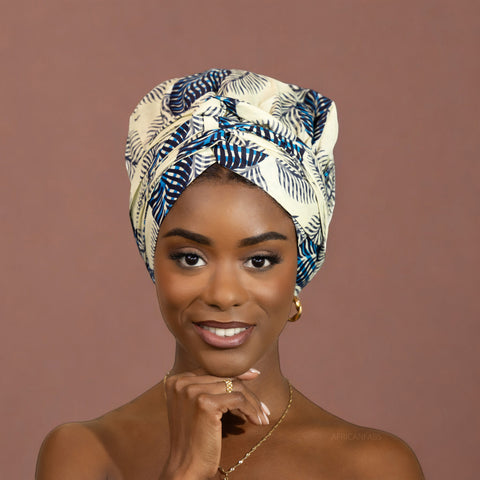 Turban facile - Bonnet en satin - Bleu / fleur blanche