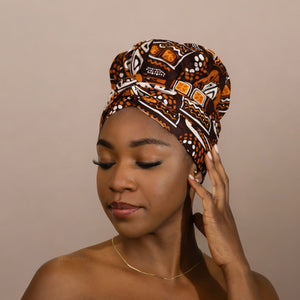 Turban facile - Bonnet en satin - Motifs marrons Bogolan