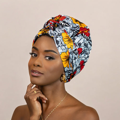 Turban facile - Bonnet en satin - Gris clair Flowers 