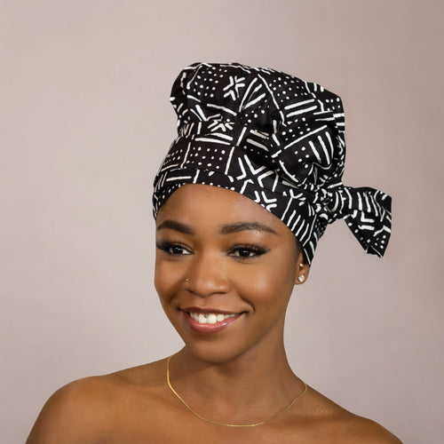 Turban facile - Bonnet en satin - Noir Blanc X Bogolan