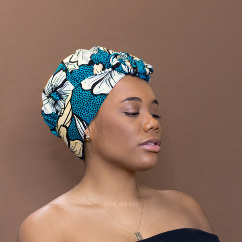 Turban facile - Bonnet en satin - Turquoise foncé flower