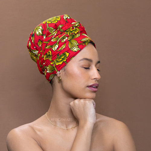 Turban facile - Bonnet en satin - Rouge / Jaune flower