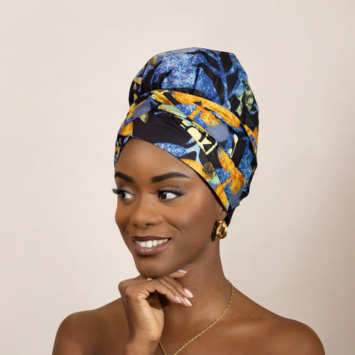 Turban facile - Bonnet en satin - Bleu / noir