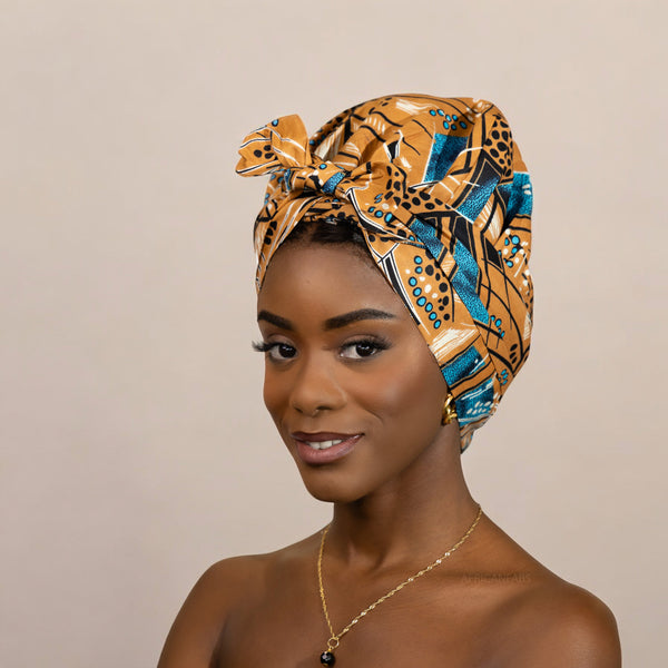 Turban facile - Bonnet en satin - Marron / bleu