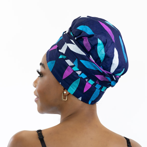 Turban facile - Bonnet en satin - Bleu / rose sunburst