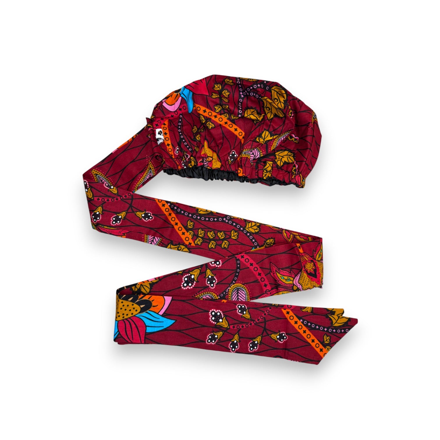 Turban facile - Bonnet en satin - Rouge foncé & Jaune Botanical Flow