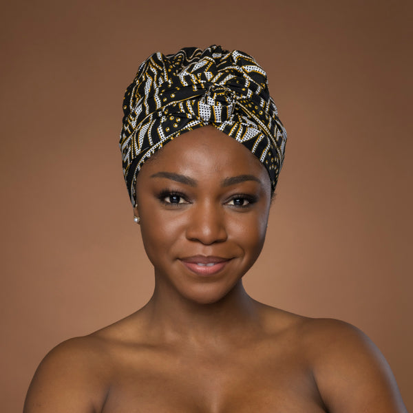 Turban facile - Bonnet en satin - Noir Jaune Ndop Cameroun