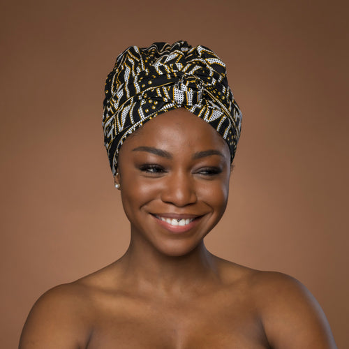 Turban facile - Bonnet en satin - Noir Jaune Ndop Cameroun