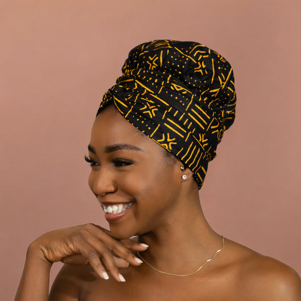 Turban facile - Bonnet en satin - Noir / jaune Bogolan