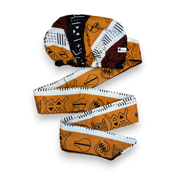 Turban facile - Bonnet en satin - Marron & Jaune-orange Blocs Kuba
