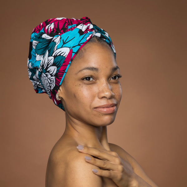 Turban facile - Bonnet en satin - Rose & Teal Fleurs