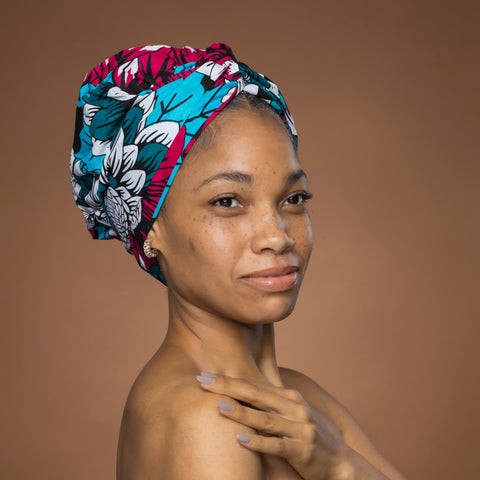 Turban facile - Bonnet en satin - Rose & Teal Fleurs