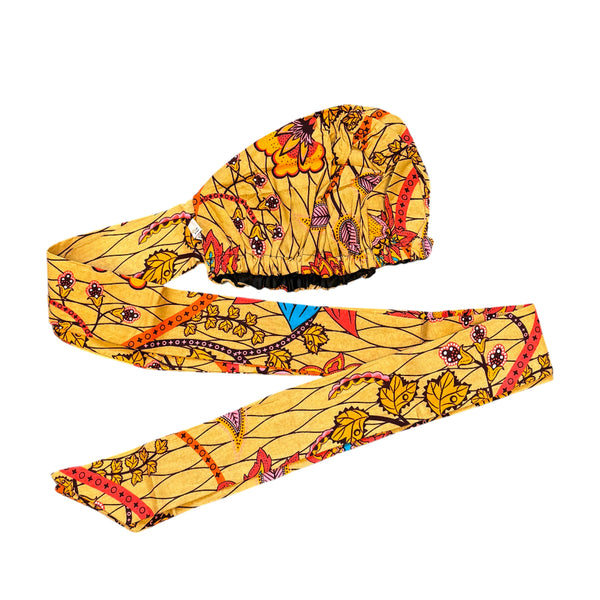 Turban facile - Bonnet en satin - Beige & Orange Botanical Flow