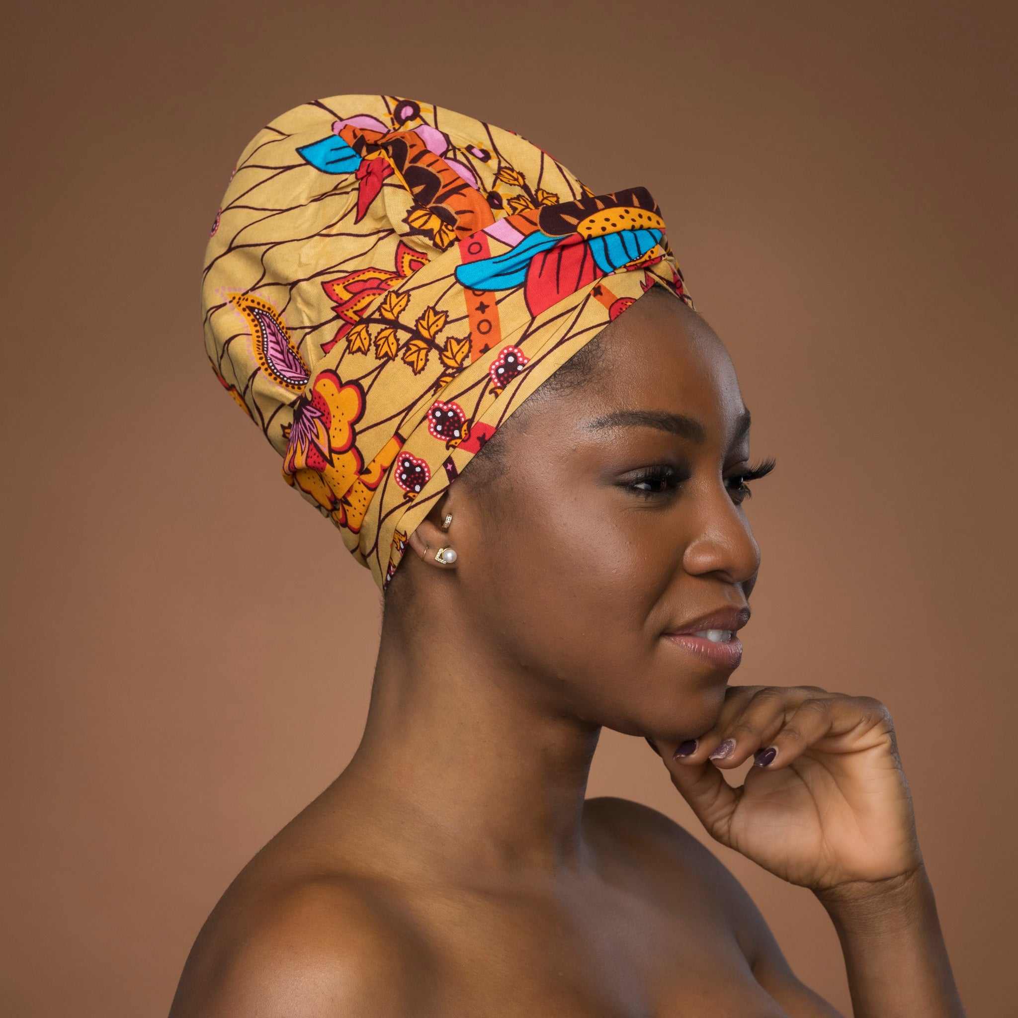 Turban facile - Bonnet en satin - Beige & Orange Botanical Flow