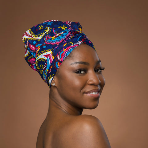 Turban facile - Bonnet en satin - Bleu Rose Paisley
