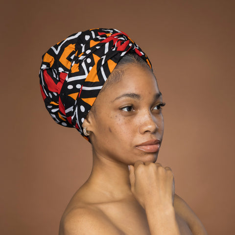 Turban facile - Bonnet en satin - Rouge et orange Bogolan