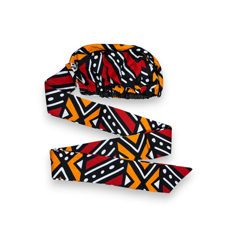 Turban facile - Bonnet en satin - Rouge et orange Bogolan