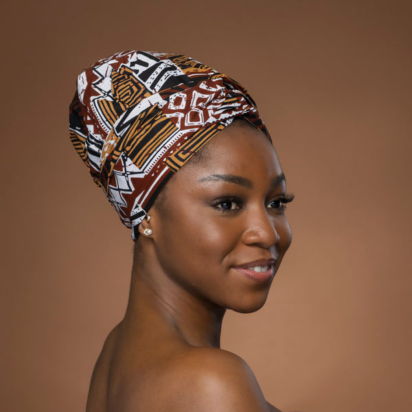 Turban facile - Bonnet en satin - Marron Mosaïque Bogolan