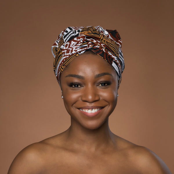 Turban facile - Bonnet en satin - Marron Mosaïque Bogolan