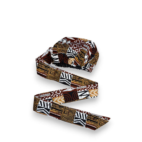 Turban facile - Bonnet en satin - Marron Mosaïque Bogolan